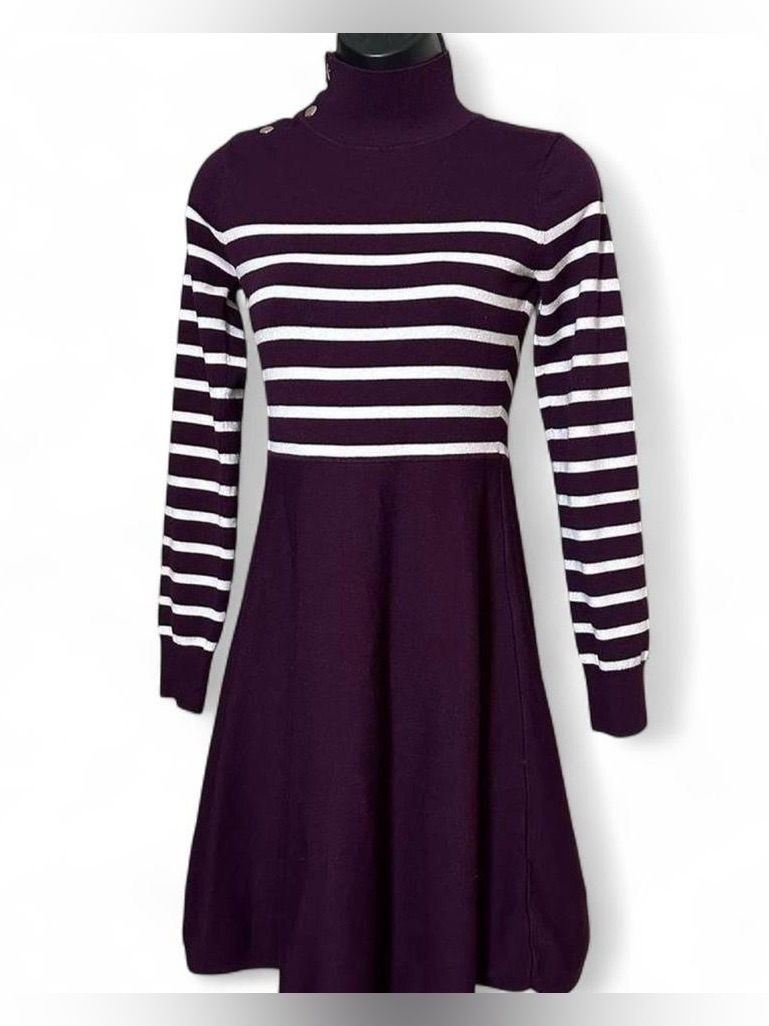 Eliza J Long Sleeve Striped Sweater Dress With Button Accent Mock Neckline